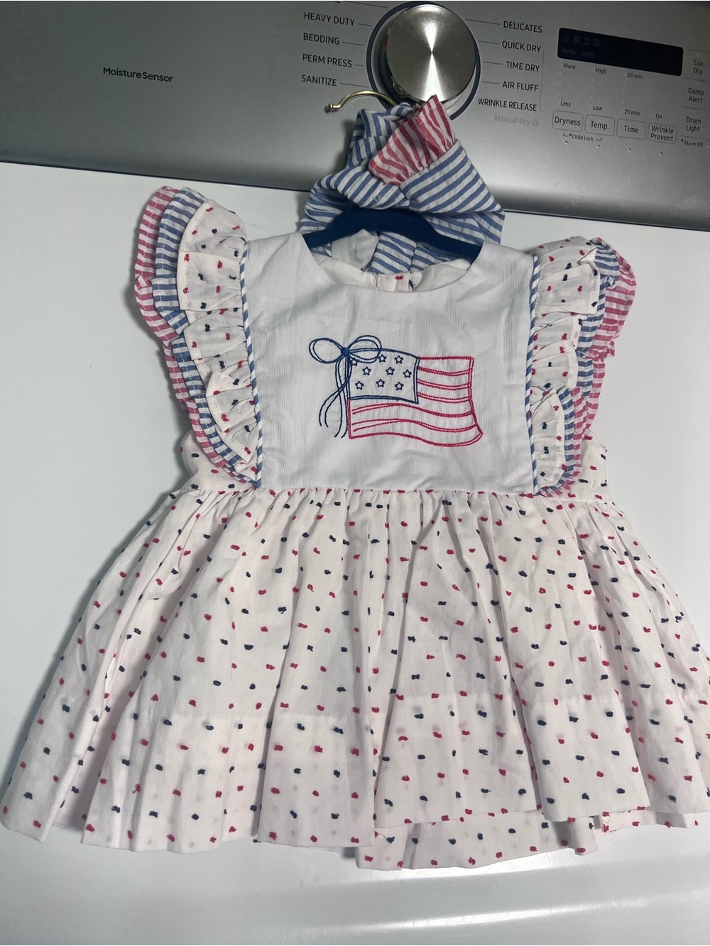Girls White Patriotic Flag Dress with Ruffle Sleeves